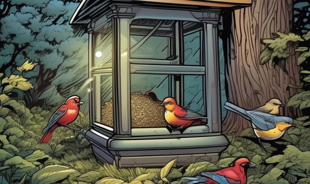 Full activity by the bird feeders..