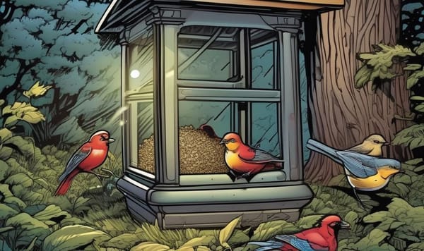 Full activity by the bird feeders..